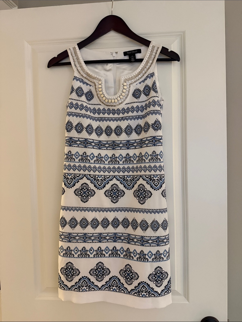 White Black - Dress with Navy and white Geometric Embroidery and Beaded Neckline
